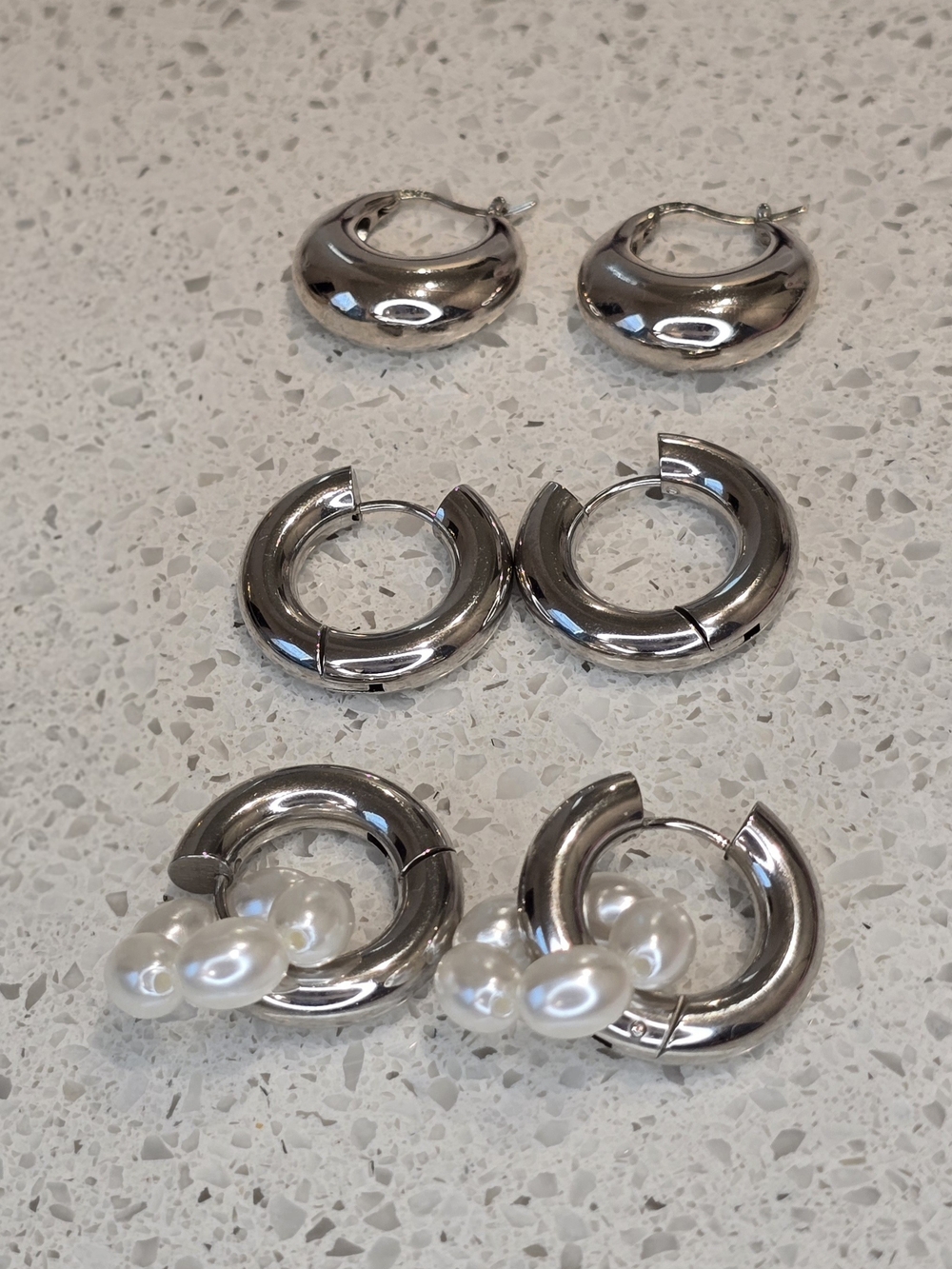 Silver Hoop Earrings - Chunky Smooth Hoops with Pearl Accent